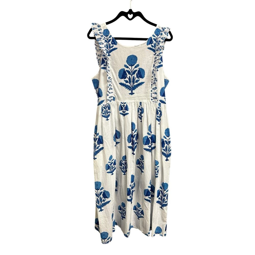 NWT Pink City Prints Blue Block Print Ruffle Sleeveless Midi Dress Womens Large